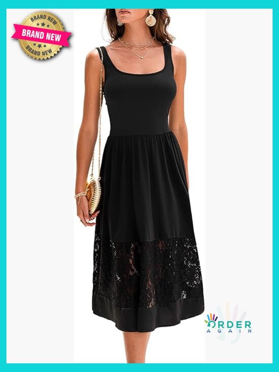 Dresses & Skirts - Square Neck Lace Midi Sundress Sleeveless A-Line Casual Party Cocktail Dress